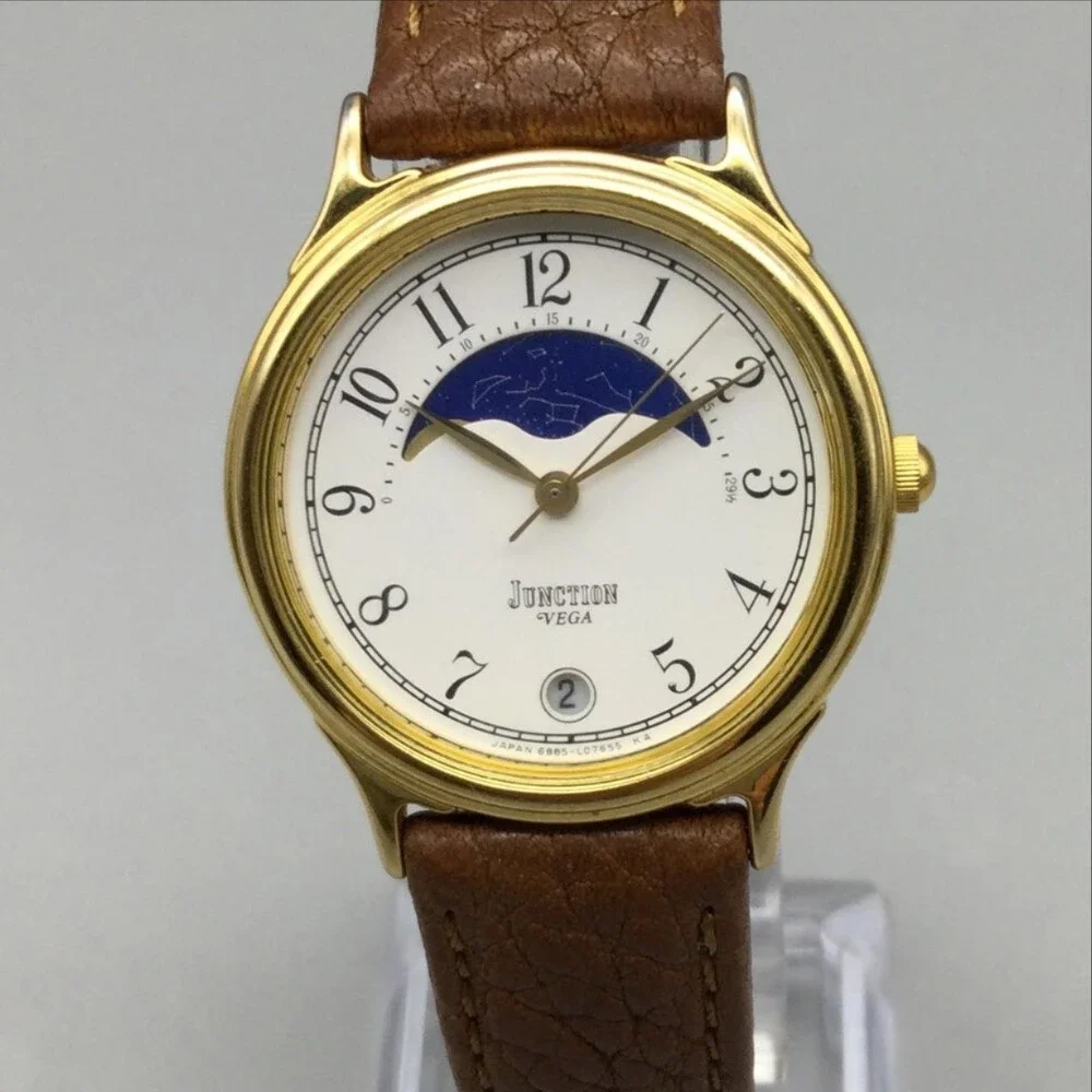 Vintage VEGA Junction Mens Watch 31mm Moon Phase Brown Leather Date New Battery